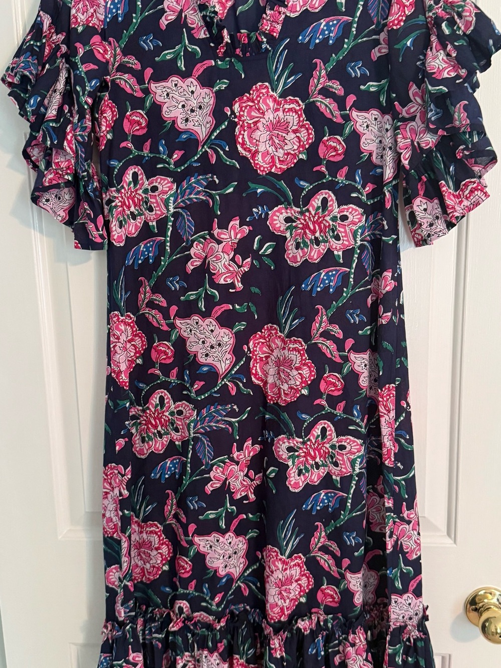 Fitzroy & Willa “Soleil” dress Navy Floral Ruffle-Sleeve